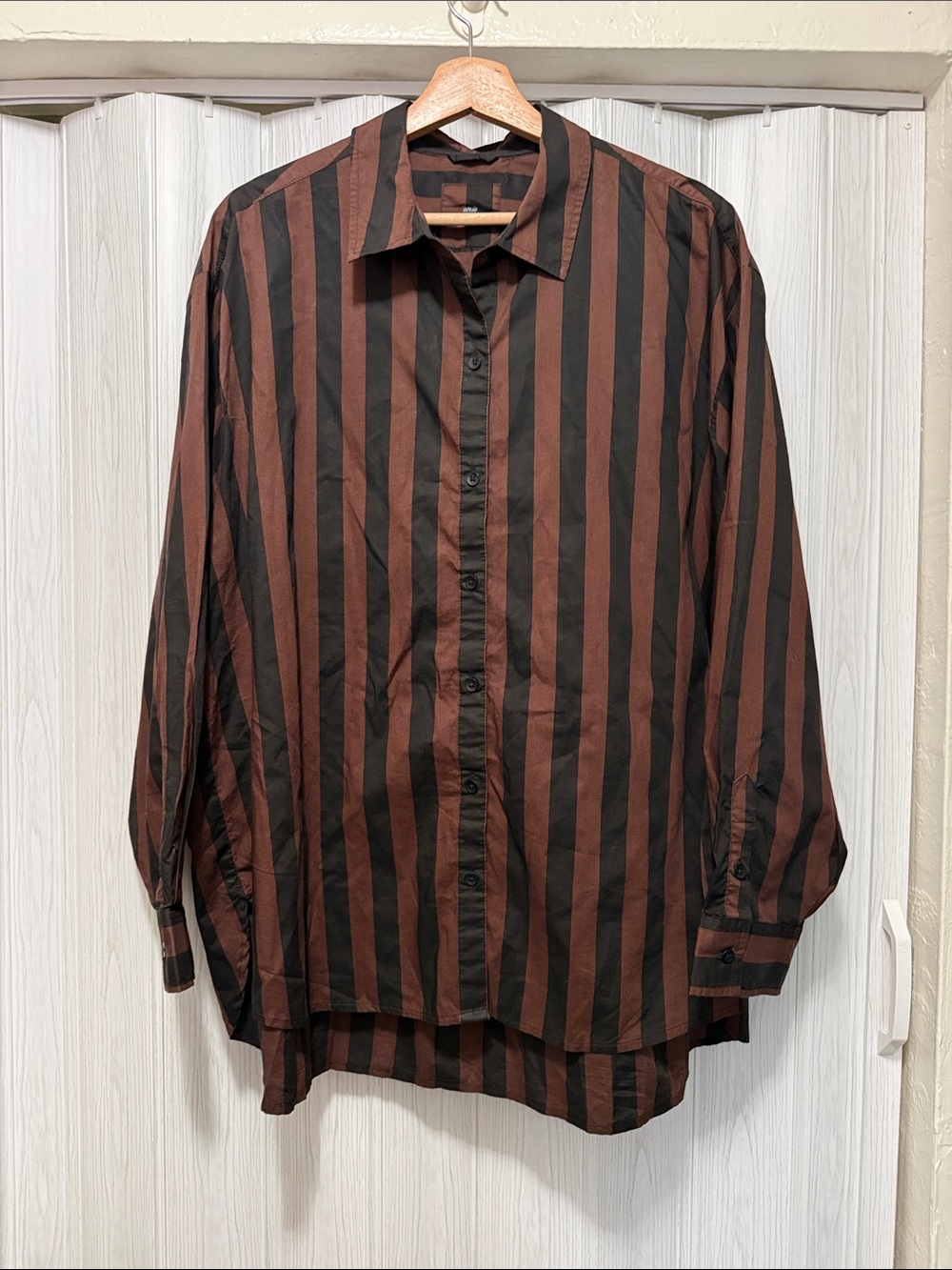 Aerie Oversized PJ-to-Party Striped Button Down Shirt Brown Black Large cotton